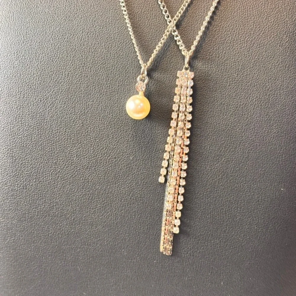 Vintage Necklace Set Silver Pearl Rhinestone Fringe Tassel Y2K Boho Statement